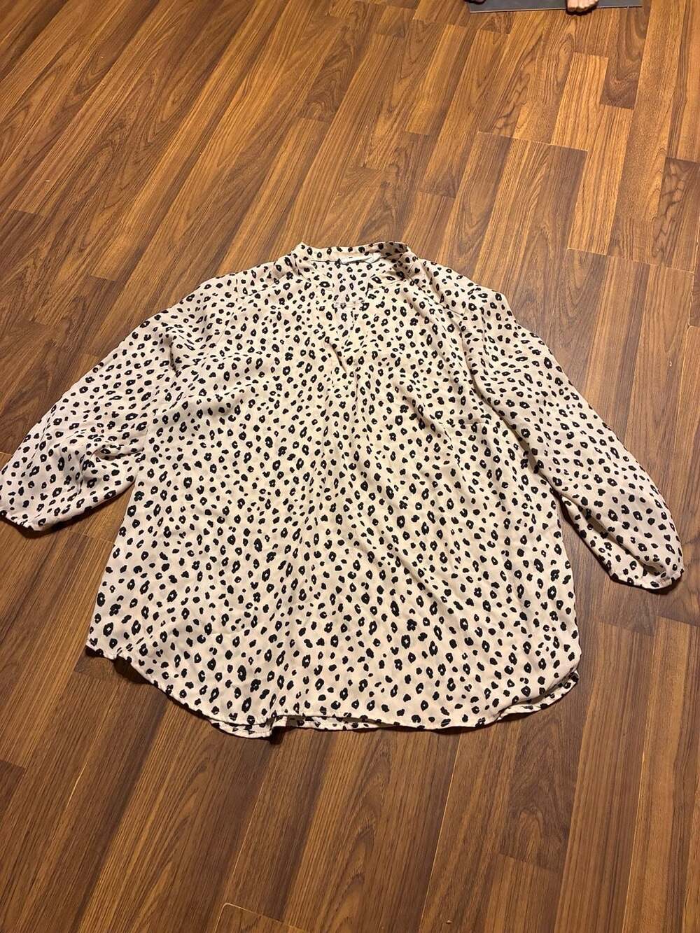Lush Warren Split Neck Leopard Print Roll-Tab Blouse